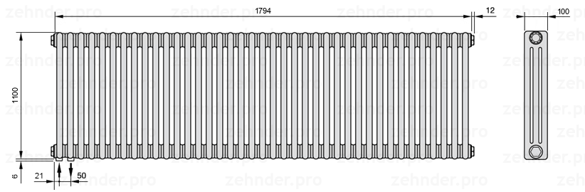 Схема (чертеж) Радиатор Zehnder Charleston 3110/39 №3370 Белый глянцевый RAL 9016
